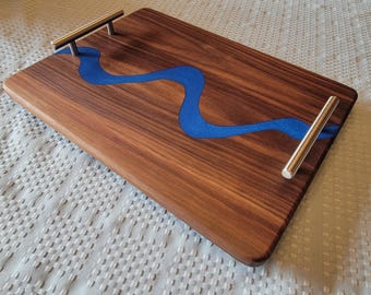 Walnut Serving Tray w Stainless Steal Handles and Brass Feet