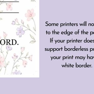 May include: A white background with a floral pattern of pink and purple flowers and green leaves. The text "e the LORD." is visible. Text on the right side explains printer settings.