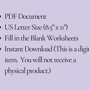 May include: A digital product listing on a lavender background. The text includes "PDF Document," "US Letter Size (21.6cm x 27.9cm)," "Fill in the Blank Worksheets," and "Instant Download." The listing specifies that it is a digital item.