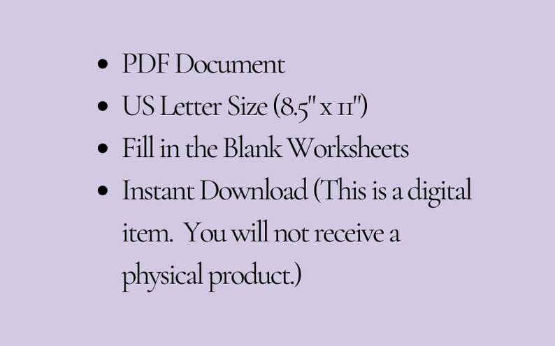 May include: A digital product listing on a lavender background. The text includes "PDF Document," "US Letter Size (21.6cm x 27.9cm)," "Fill in the Blank Worksheets," and "Instant Download." The listing specifies that it is a digital item.