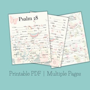 May include: Printable Psalm 28 fill-in-the-blank Bible verse activity sheets with floral and bird illustrations. The sheets are designed for use with a pen or pencil.