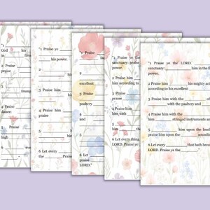 May include: A collection of fill-in-the-blank worksheets with floral borders. The text includes phrases like "Praise ye the LORD" and "Psalm 150". The background is a soft lavender colour.