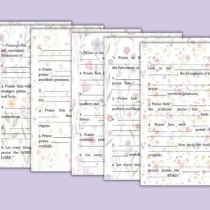 May include: A collection of fill-in-the-blank pages featuring Psalm 150, adorned with a floral pattern. The pages have a pale purple backdrop and are decorated with small, colourful flowers. The text is in black.
