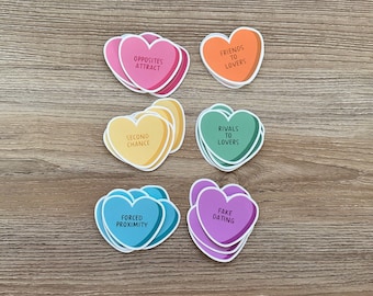 Romance Tropes Candy Hearts | Valentine's Sticker Set for Kindle Romance Reader Sticker | Book Sticker for Water Bottle | Romance Tropes