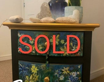 SOLD*SOLD*SOLDTwo drawer chest of drawers lovingly handpainted in acrylic. Solid wood painted in black jack and sealed with clear wax