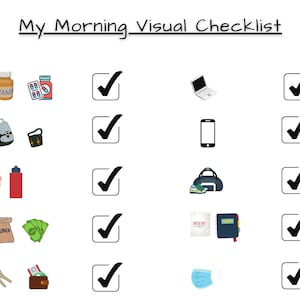 May include: A visual checklist with black checkboxes and colorful illustrations of items to pack for the day, including vitamins, a backpack, a water bottle, a coffee cup, a lunch bag, keys, a wallet, a laptop, a phone, a gym bag, a notebook, and a face mask.