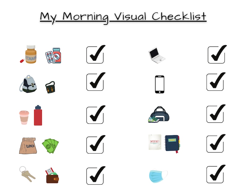 May include: A visual checklist with black checkboxes and colorful illustrations of items to pack for the day, including vitamins, a backpack, a water bottle, a coffee cup, a lunch bag, keys, a wallet, a laptop, a phone, a gym bag, a notebook, and a face mask.