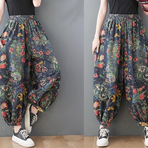 Floral Denim Pants Loose Denim Pants Elastic Waist Jeans - Etsy