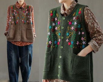 Flowers Sweater Vest, Vintage Sweater Vest, Embroidery Knitted Vest, Women Crochet Sweater, Spring Summer Sweaters