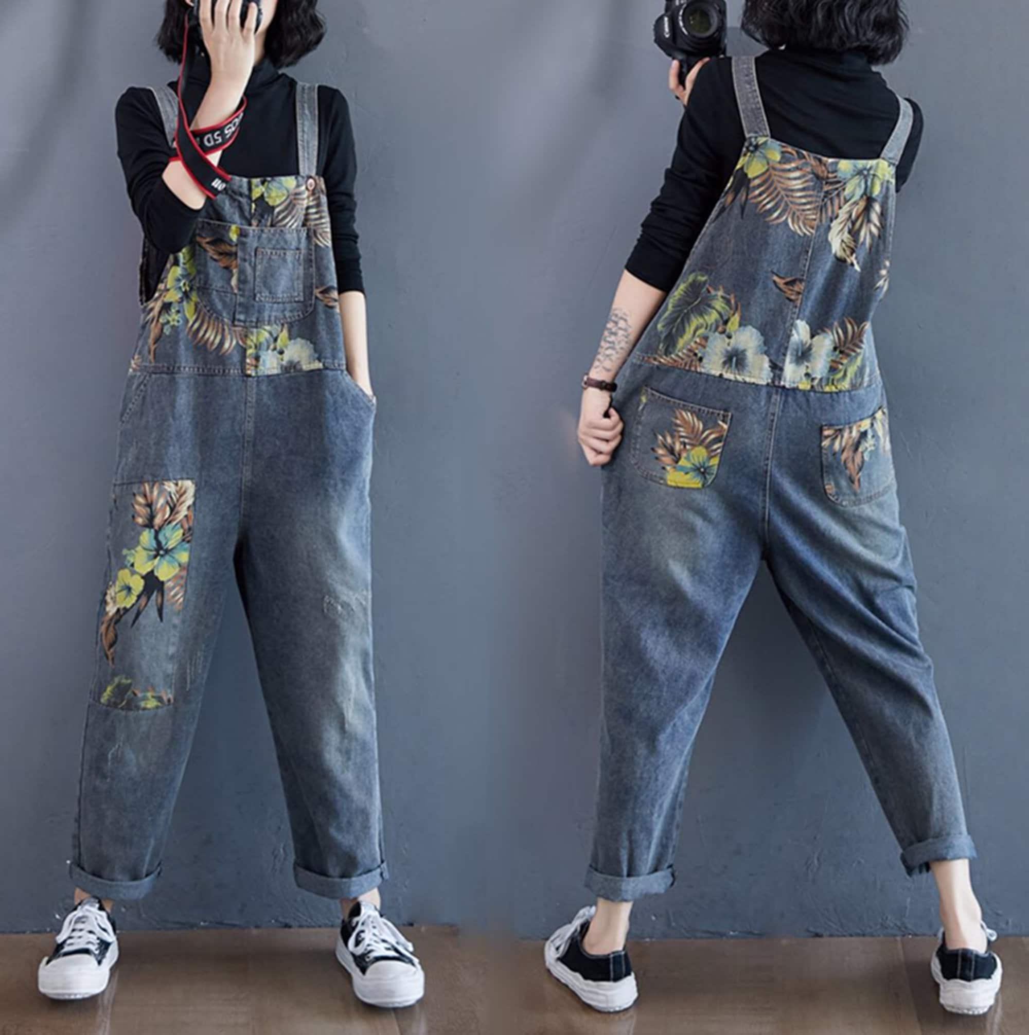 Women Denim Overalls Casual Jeans Pants Wide Streetwear Leg Etsy