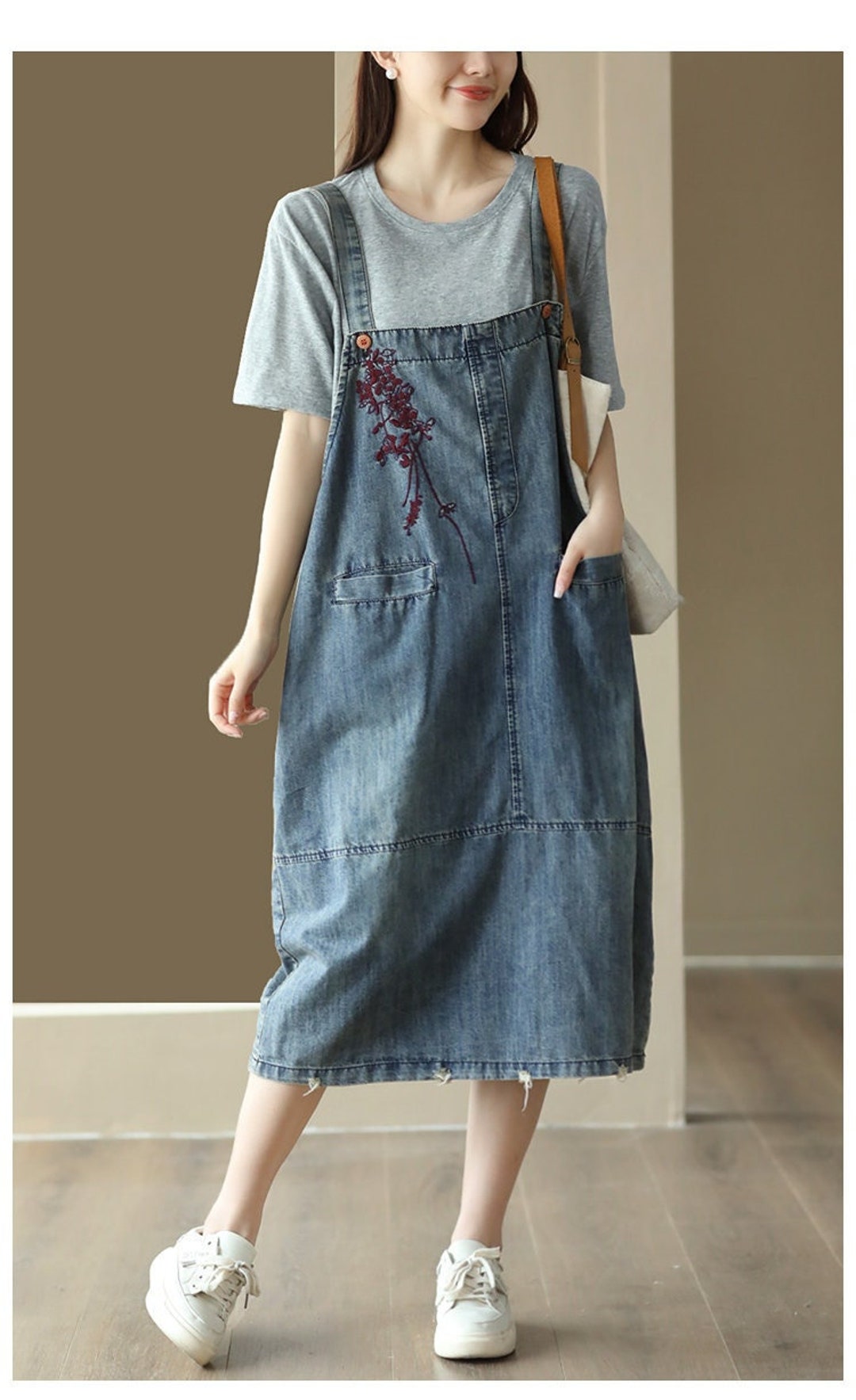 Flower Wide Strap Denim Overall Dress with Pockets