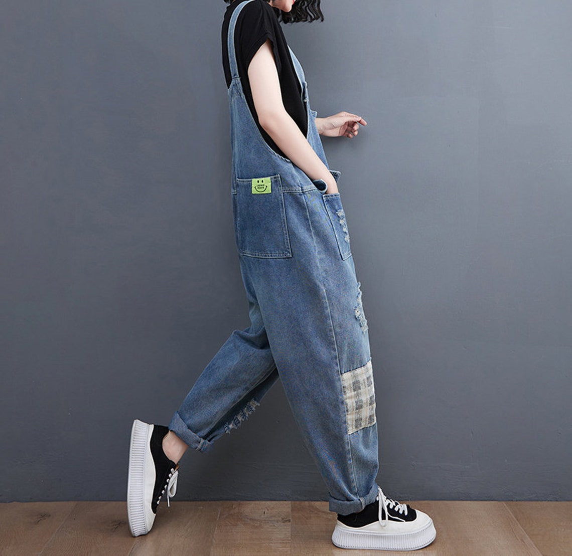 Patchwork Baggy Overalls Denim Overalls Women Plus Size Etsy