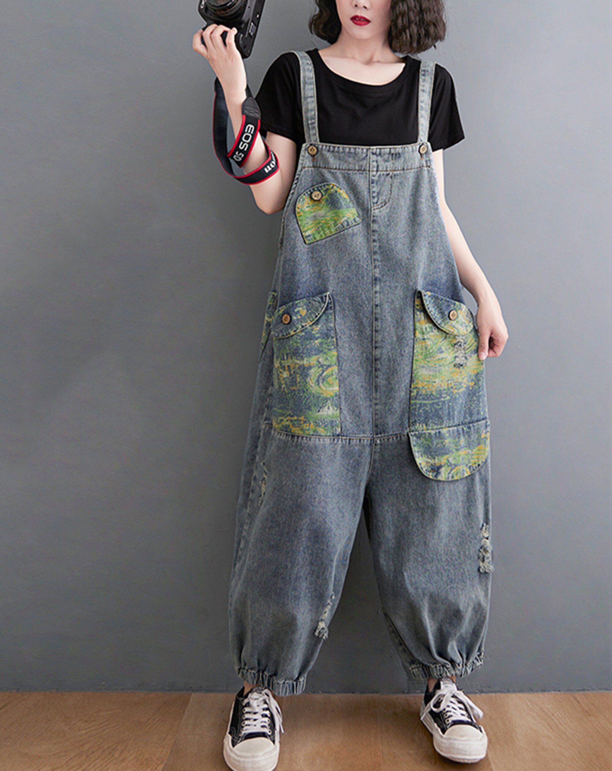 Vintage Print Denim Overalls Women Baggy Jeans Jumpsuits Etsy