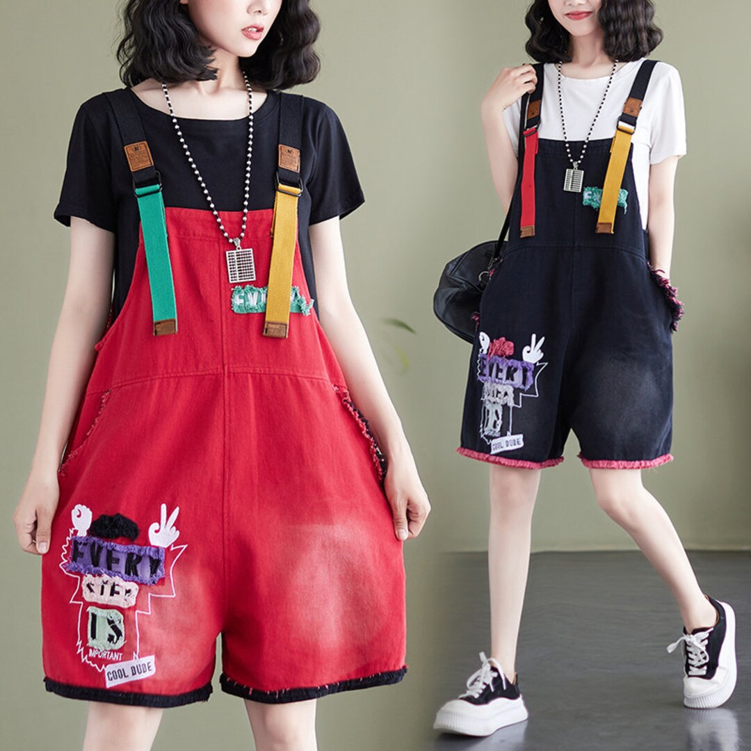 Stickers Denim Overalls Baggy Overall Shorts Wide Leg Jean Etsy