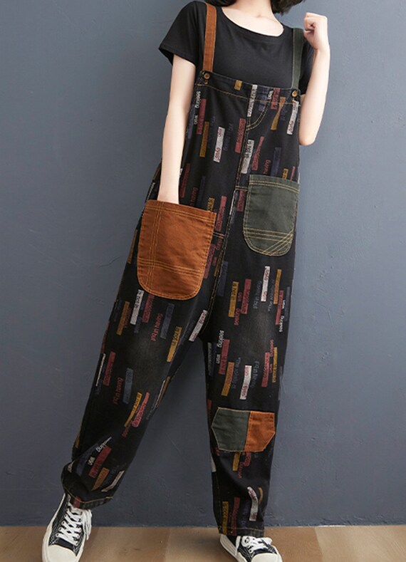 LifeLoverGift Patchwork Denim Overalls, Baggy Jeans Jumpsuits, Wide Leg Overall, 80s Vintage Pants, Plus Size Overalls, Bib Overalls with Pockets