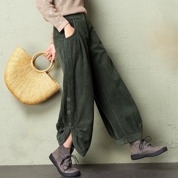 Lantern Corduroy Pants, Vintage Wide Leg Pants, Women's Elastic