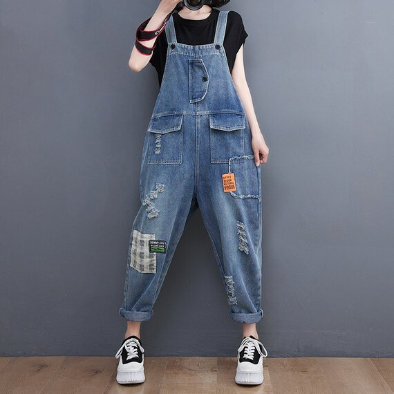 Patchwork Baggy Overalls Denim Overalls Women Plus Size Etsy