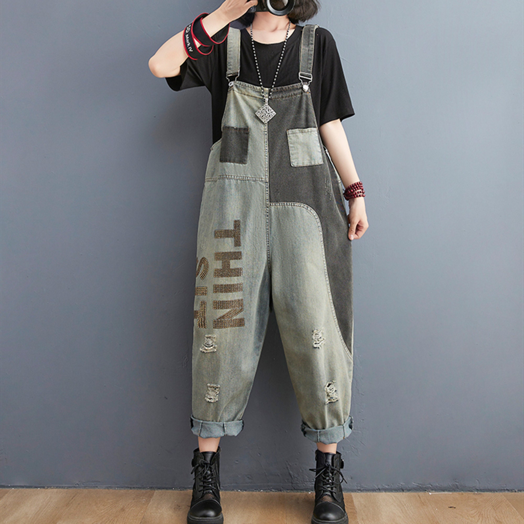 Patchwork Denim Overalls Retro Baggy Jeans Jumpsuits Wide Etsy UK