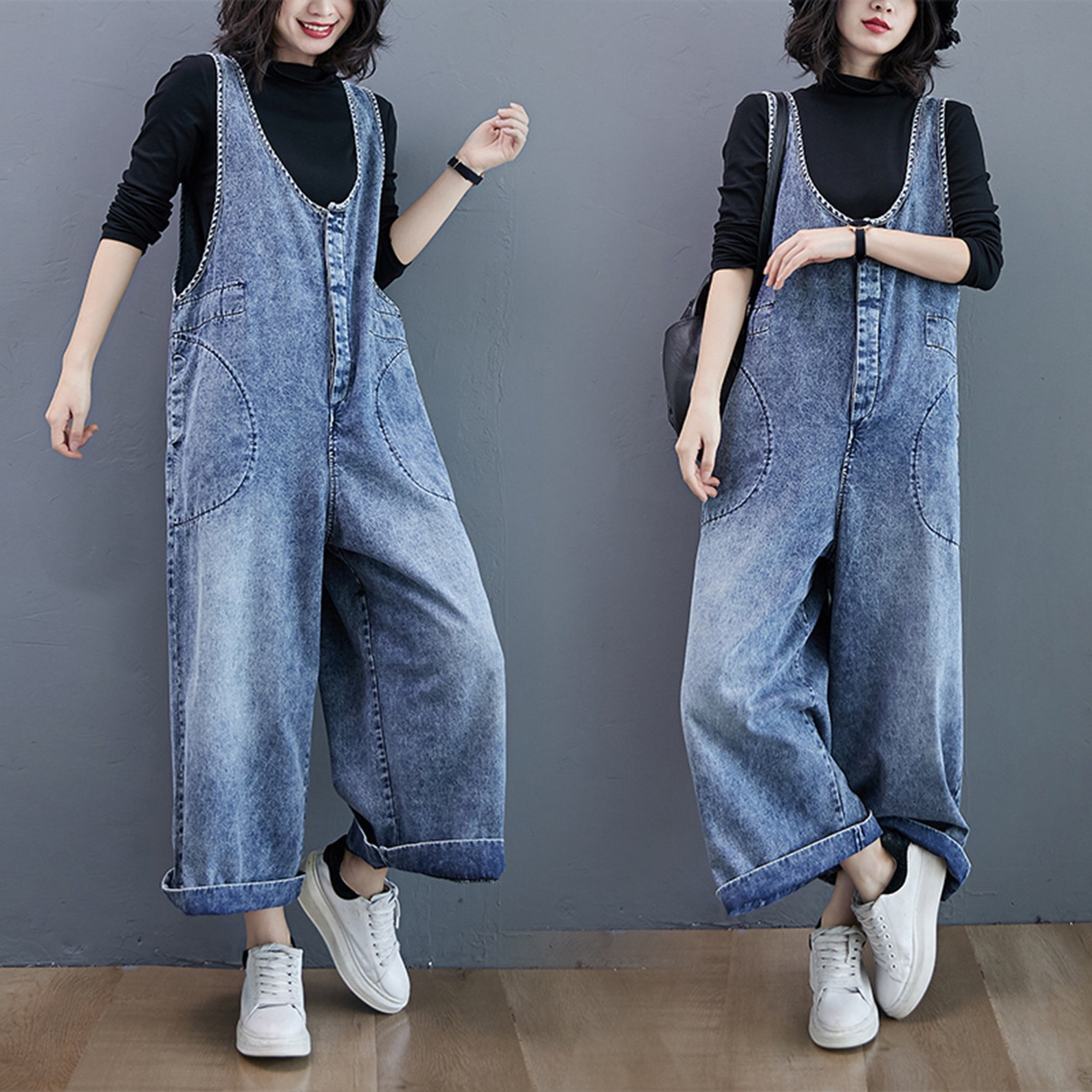 High Waist Denim Overalls Baggy Jeans Jumpsuits Wide Leg Etsy UK