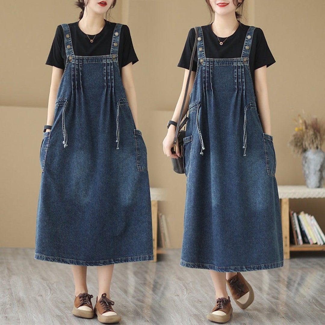 Drawstring Denim Overall Dress, Summer Strap Dress, Vintage Plus Size ...