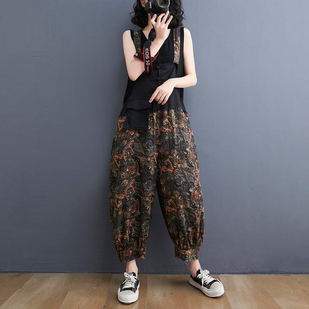 Cotton Linen Overalls, Baggy Cotton Linen Jumpsuits, Wide Leg Overall, Plus Size Overalls, Bib