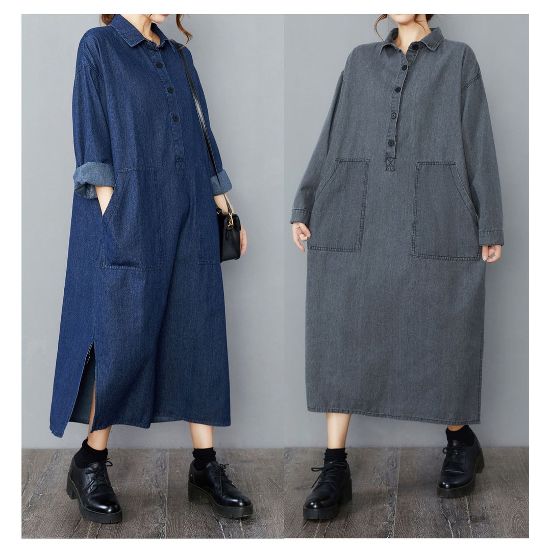 Vintage Denim Dress, Plus Size Dress, Women Loose Denim Dress, Thin