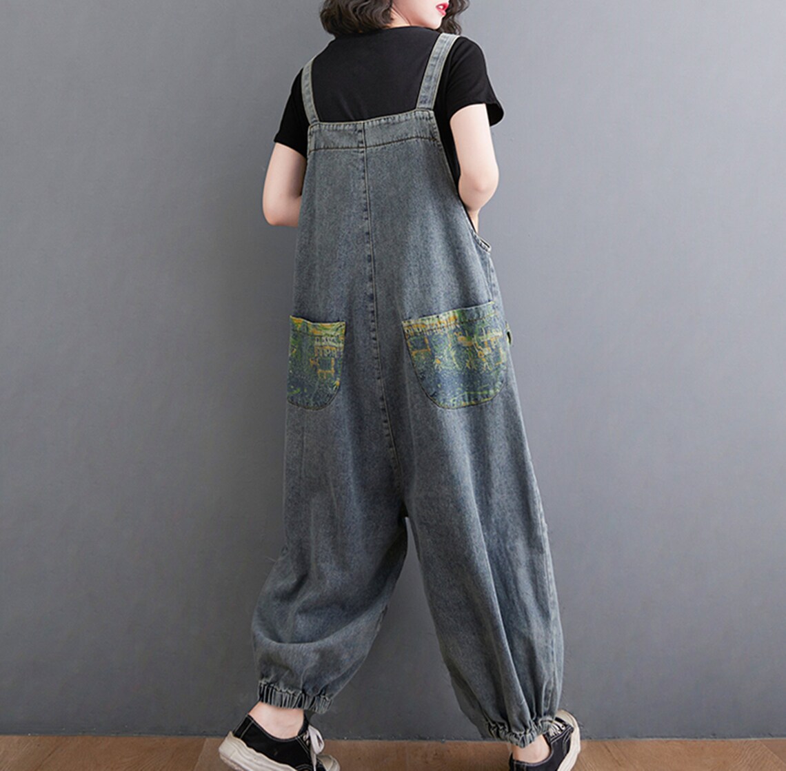 Vintage Print Denim Overalls Women Baggy Jeans Jumpsuits Etsy