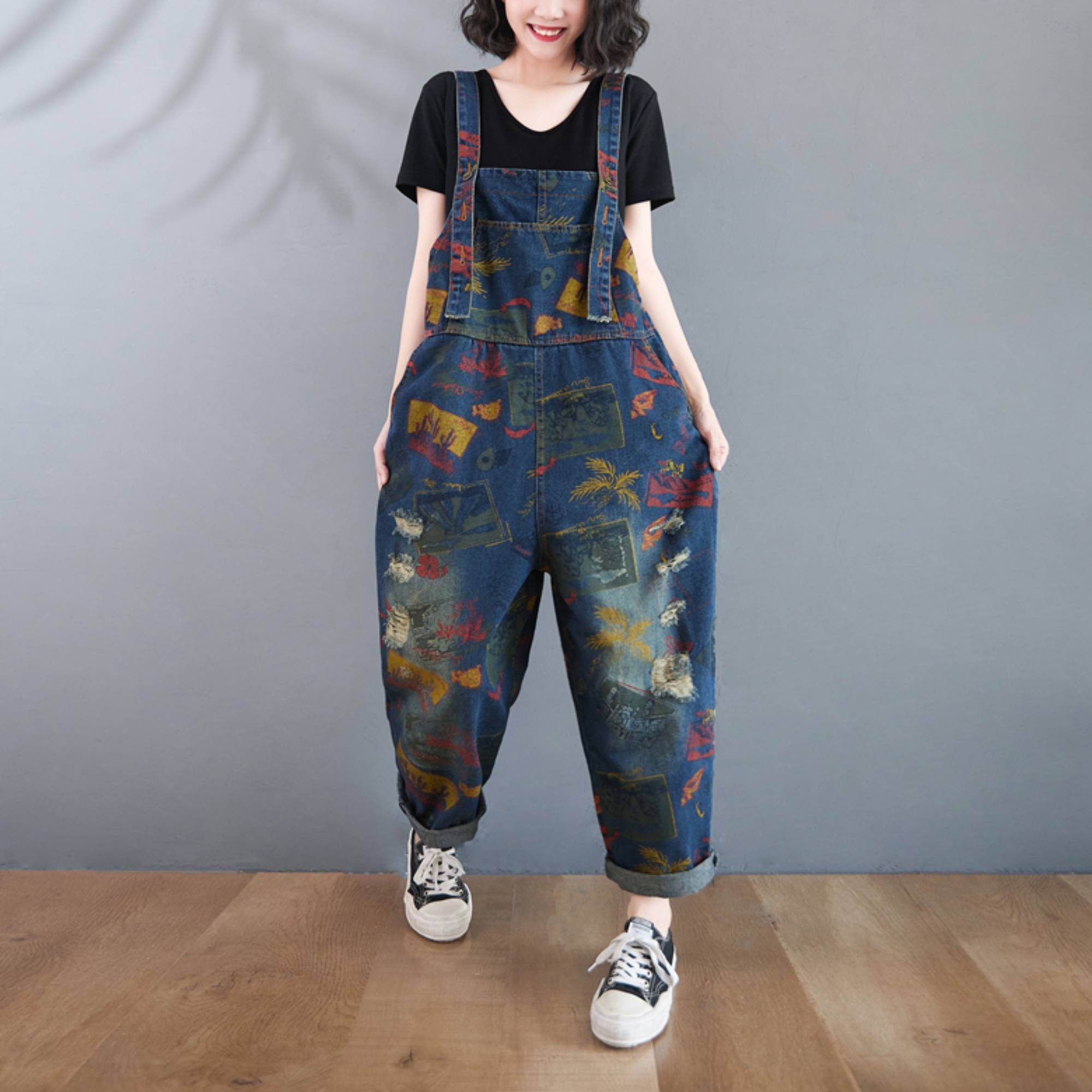 Women Printed Denim Overalls Baggy Jeans Jumpsuits Plus Size Etsy