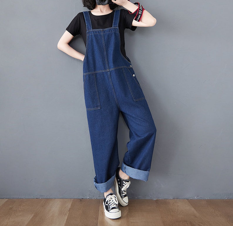 Soild Color Denim Overalls Baggy Jeans Jumpsuits Wide Leg Etsy