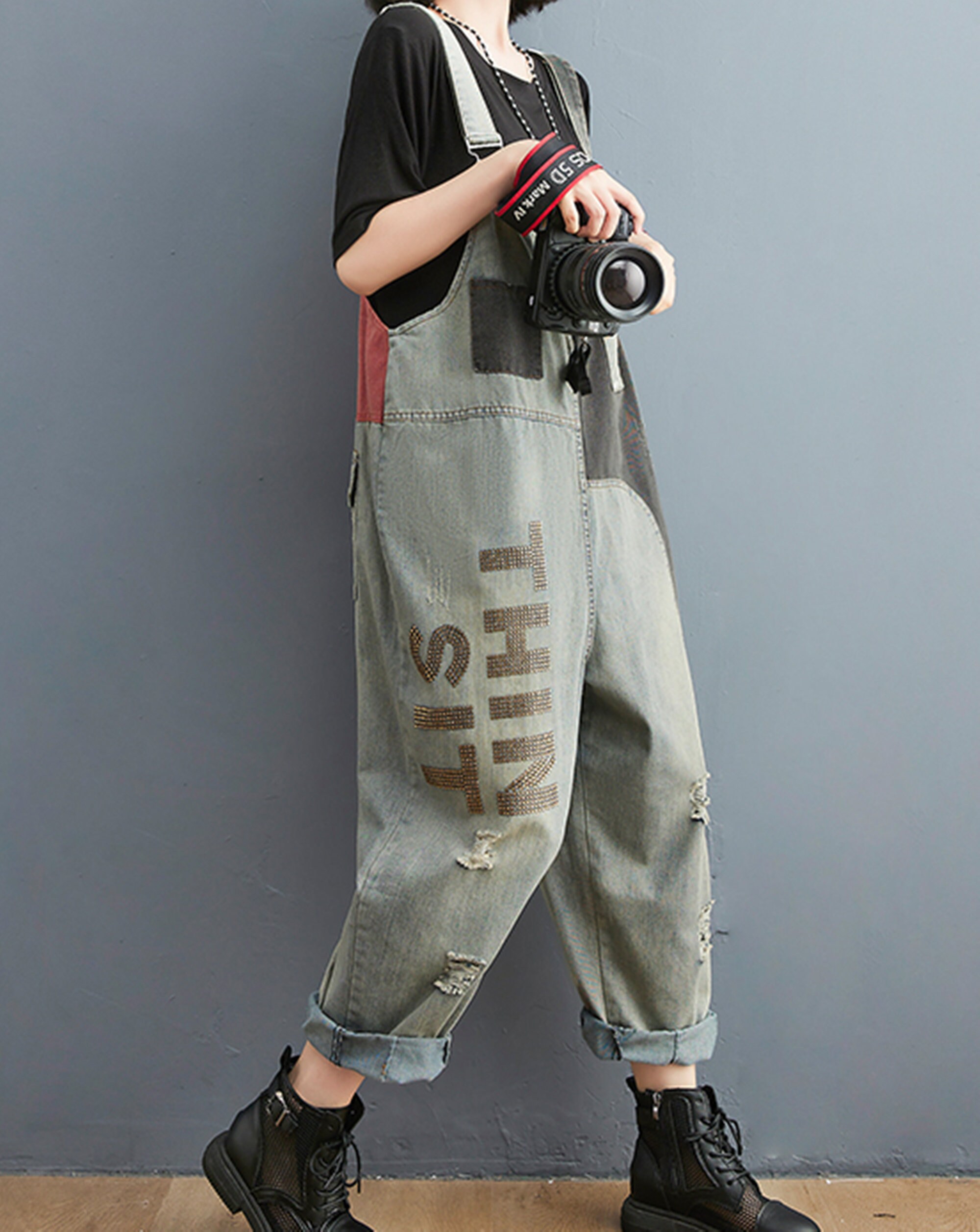 Patchwork Denim Overalls Retro Baggy Jeans Jumpsuits Wide Etsy UK