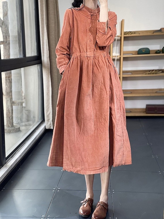 Orange Corduroy Dress, Autumn Corduroy Dress, Plus Size Dress