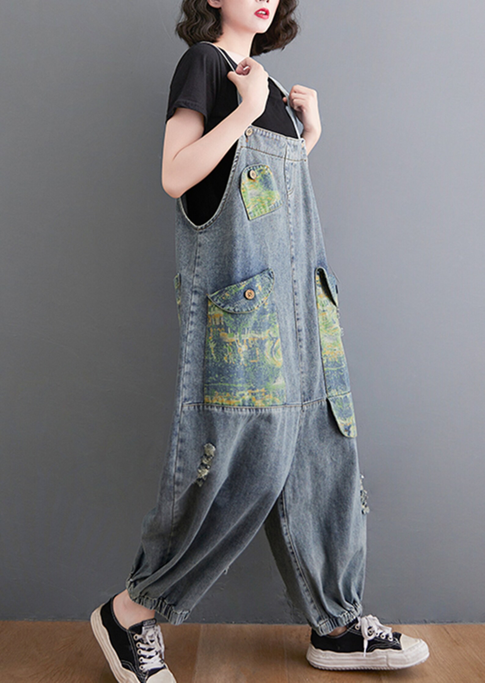 Vintage Print Denim Overalls Women Baggy Jeans Jumpsuits Etsy