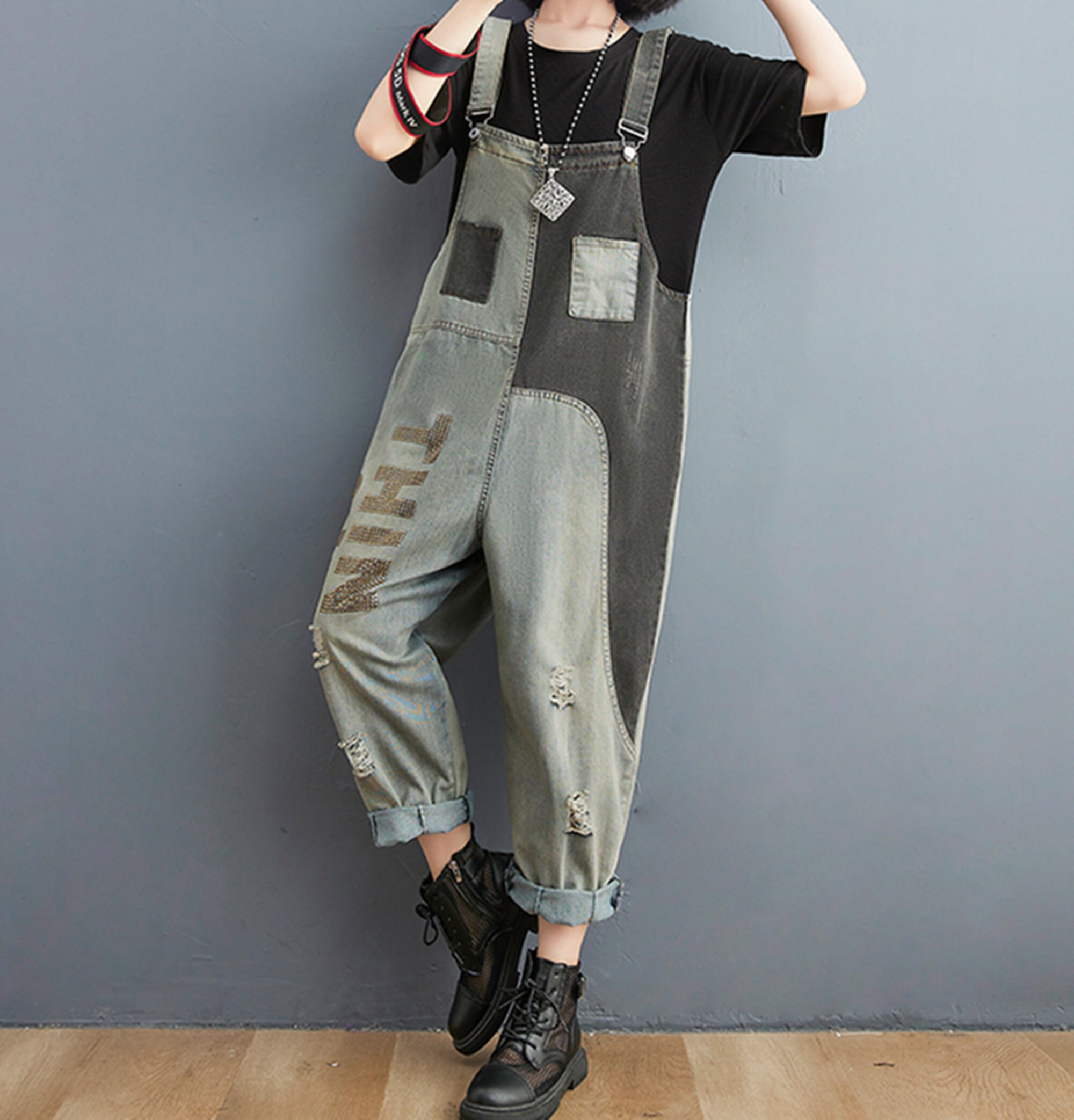 Patchwork Denim Overalls Retro Baggy Jeans Jumpsuits Wide Etsy UK