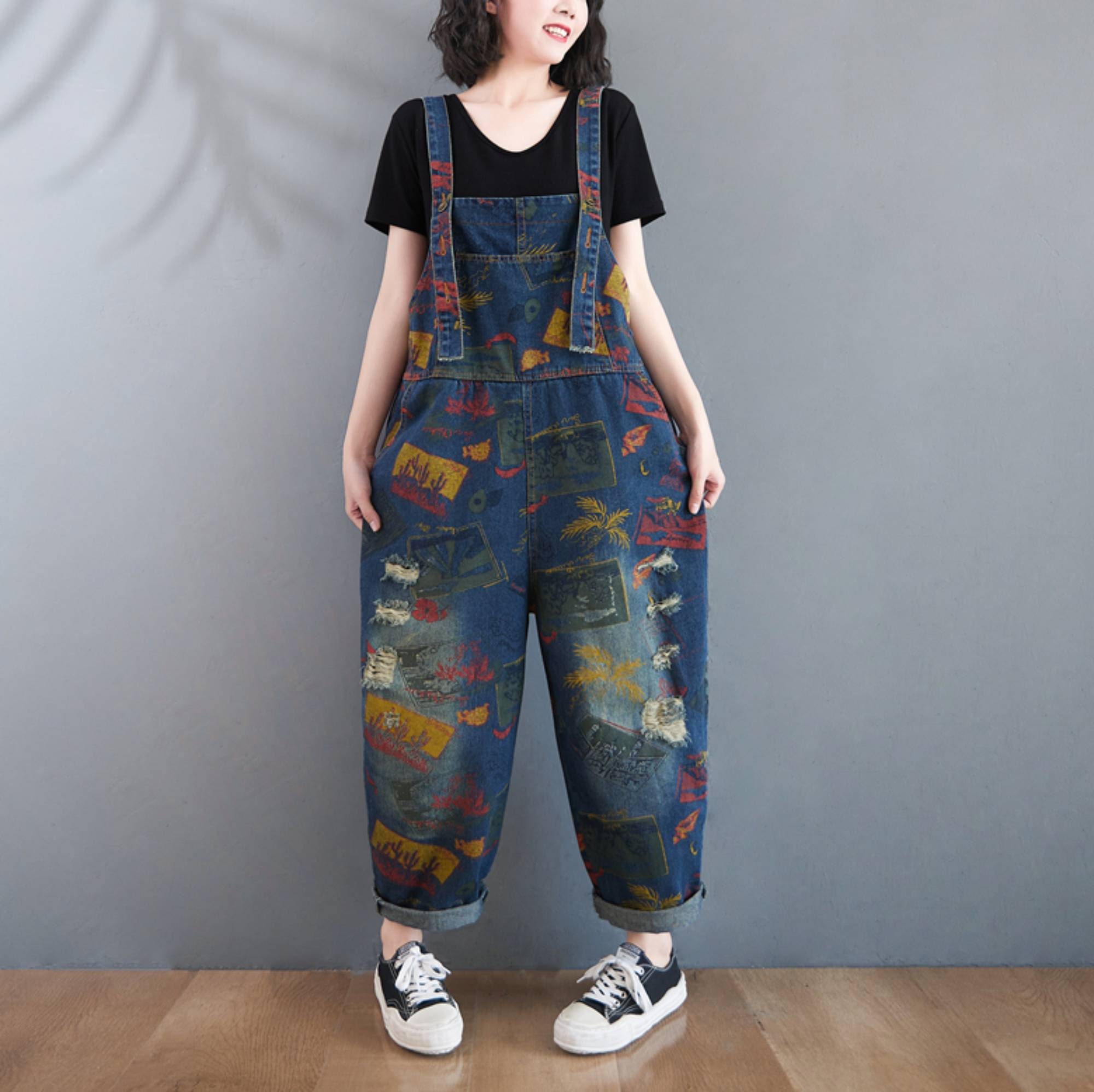 Women Printed Denim Overalls Baggy Jeans Jumpsuits Plus Size Etsy