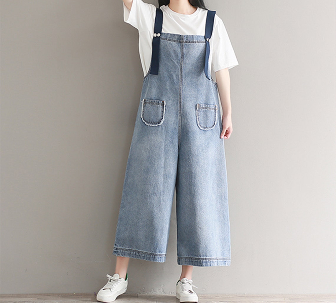 Light Color Denim Overalls Baggy Jeans Jumpsuits Wide Leg Etsy