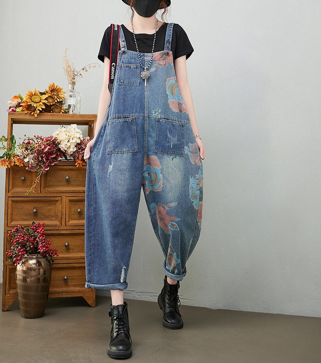 Floral Baggy Overalls Denim Overalls Women Plus Size Etsy
