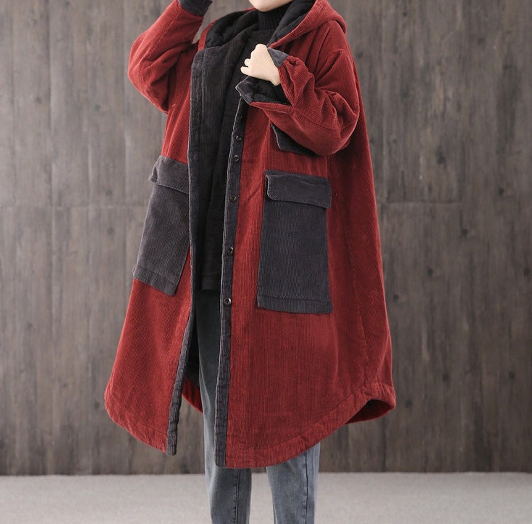 Vintage Red Oversized Patchwork Thick Corduroy Coat Winter