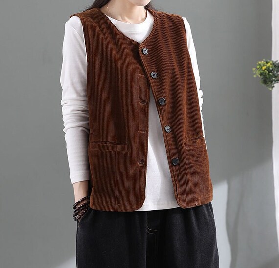 Coffee Vintage Corduroy Vest Green Loose Vests Women Causal - Etsy