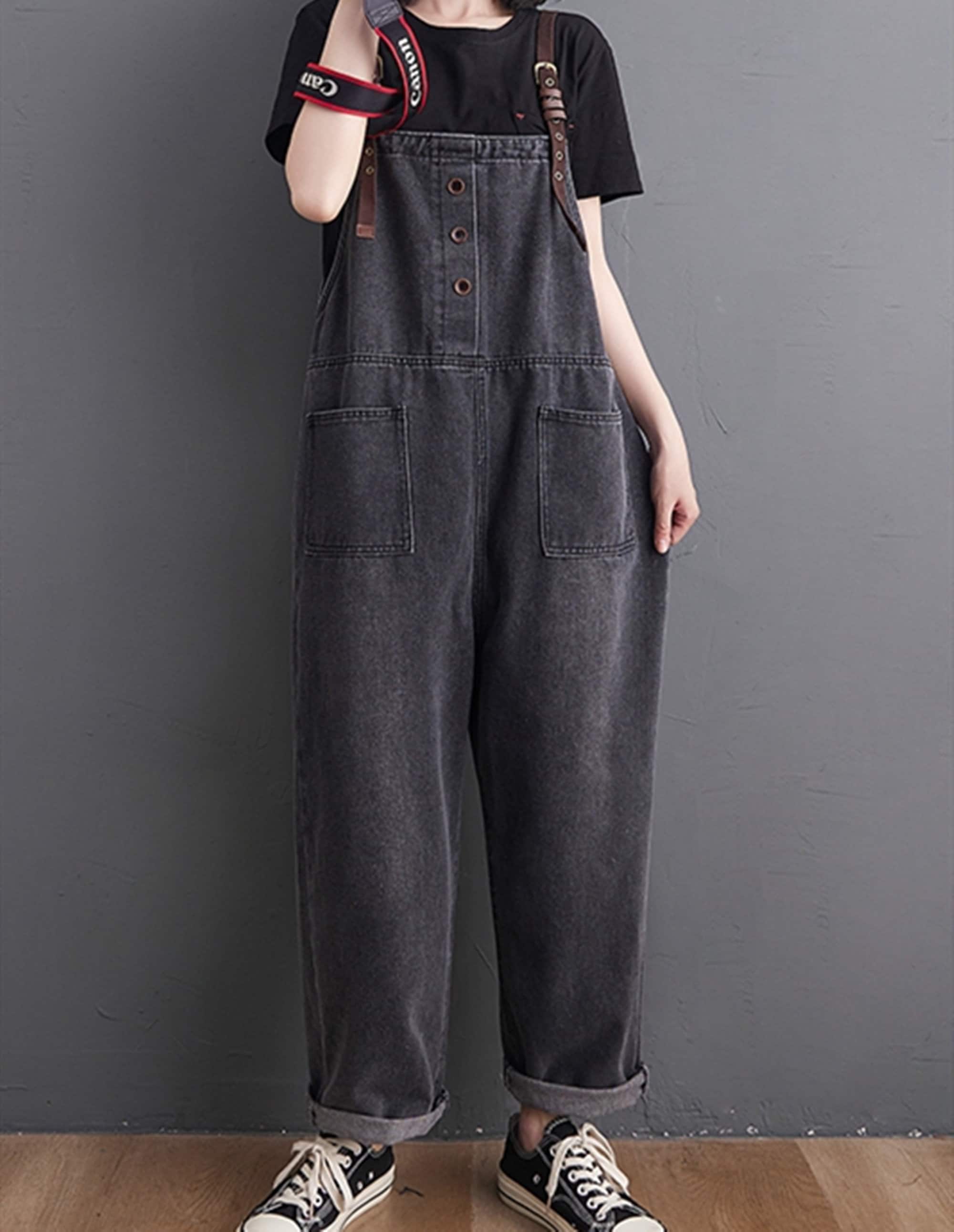Solid Color Denim Overalls Baggy Jeans Jumpsuits Wide Leg Etsy