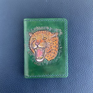 Green Leather 4 Pocket Minimalist Wallet Hand-tooled Leopard Handmade in USA Gift Idea