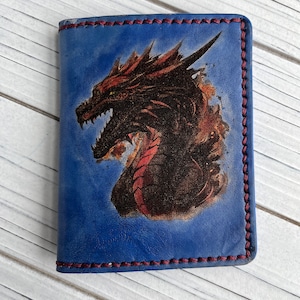 Cartera minimalista de cuero azul con dragón hecha a mano en EE. UU. NUEVA IDEA DE REGALO RESISTENTE