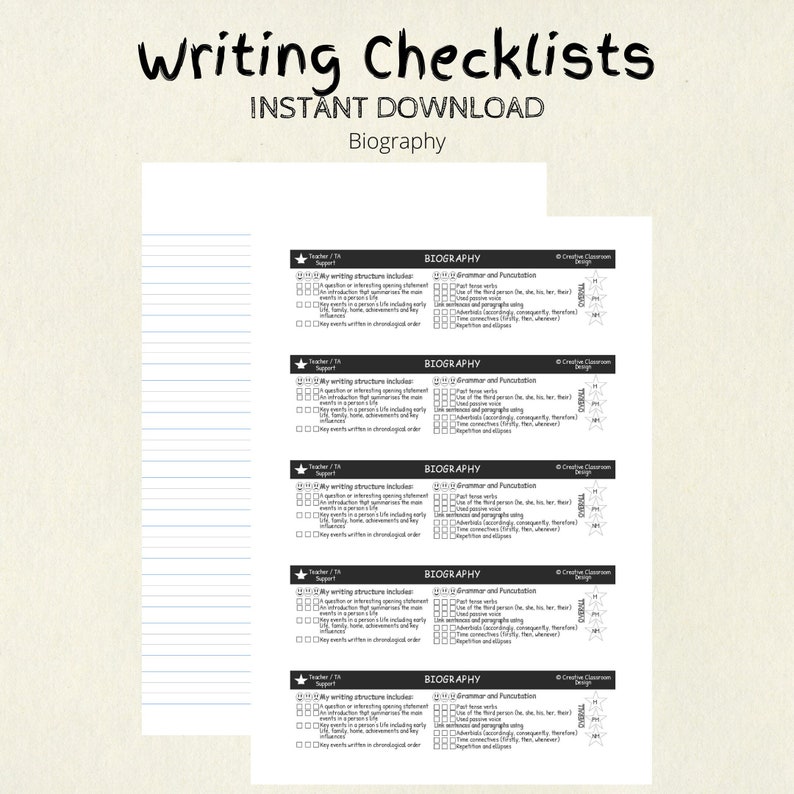 Writing Checklist biography Instant Download Printable Etsy Ireland