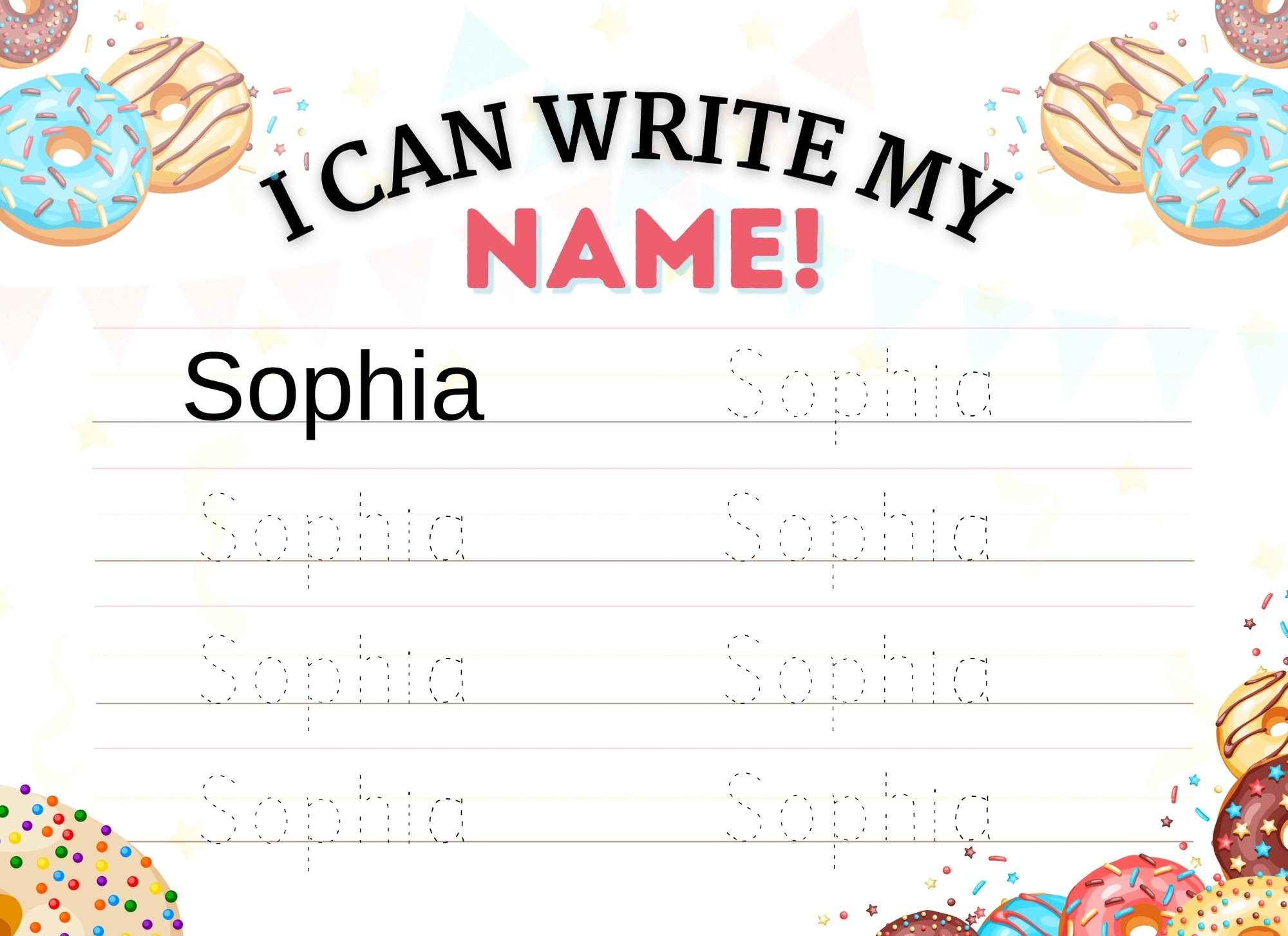 Sophia Printable Name Tracing Practice Sheet / Donut Themed Etsy