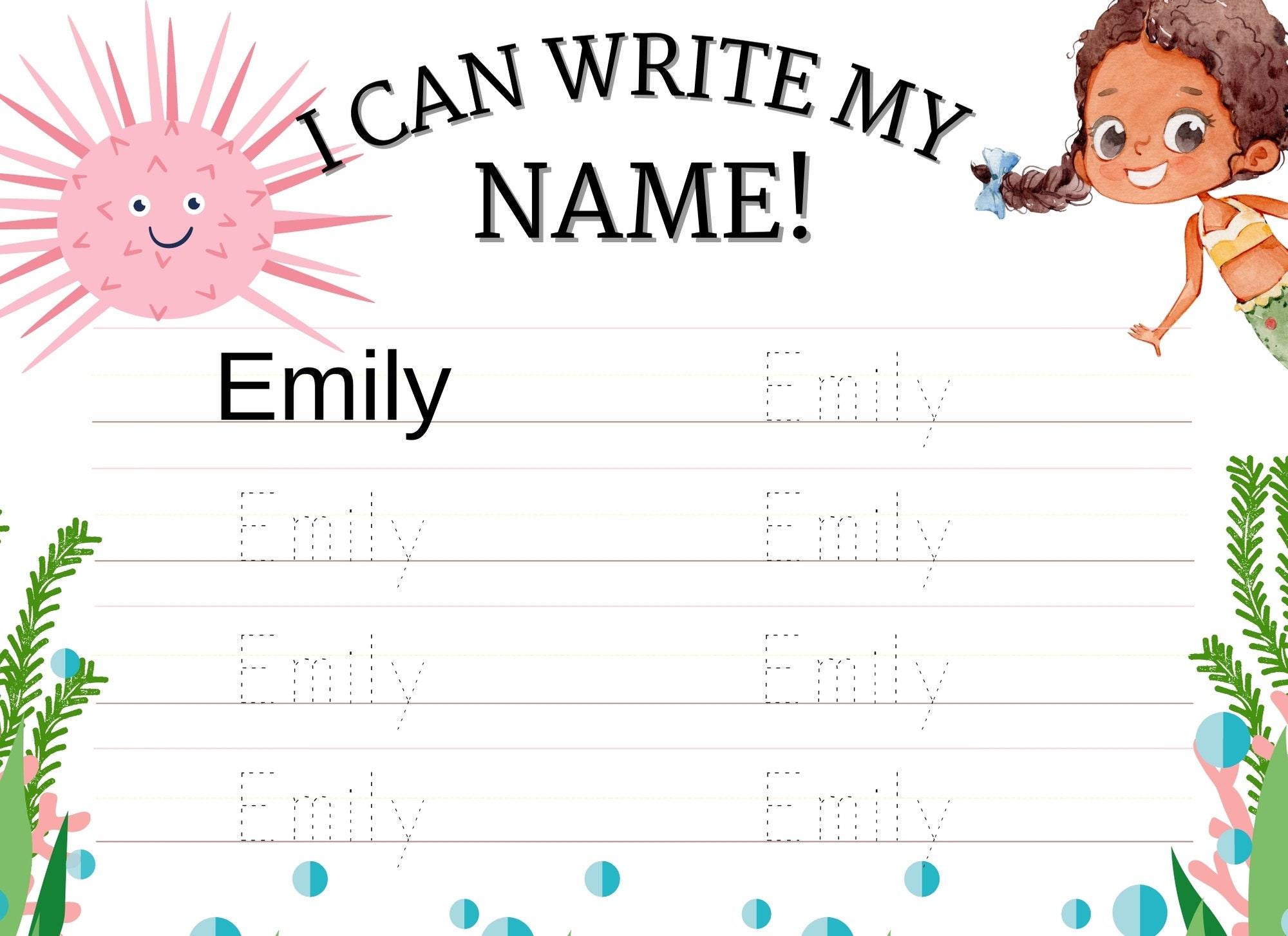 Emily Printable Name Tracing Practice Sheet / Mermaid Themed Etsy
