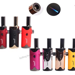 May include: A collection of Scorch Torch lighters in various colors, including blue, red, black, pink, silver, gold, and yellow. Each lighter has a black top and a side button. The image also shows a close-up of the flame.