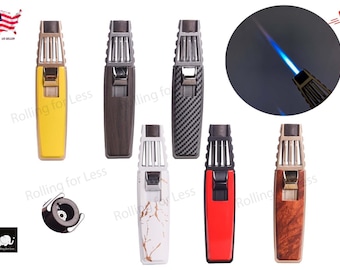 May include: A collection of refillable butane lighters in various colors and patterns, including yellow, brown, carbon fiber, white marble, red, and wood grain. A blue flame is visible in a circular inset.