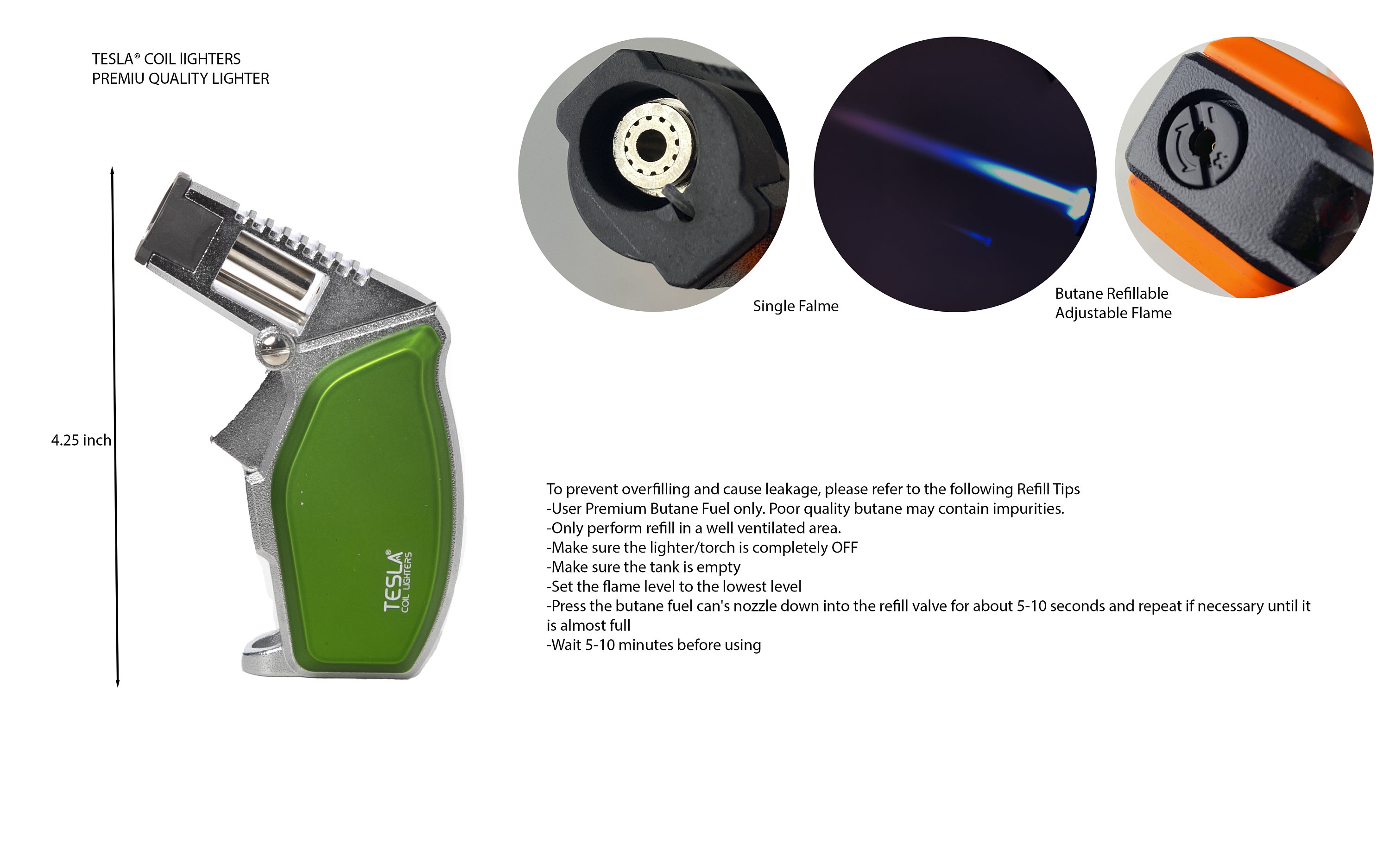 TESLA® Coil Lighters Single Flame Butane Refillable Torch Lighter w/ Gif Box
