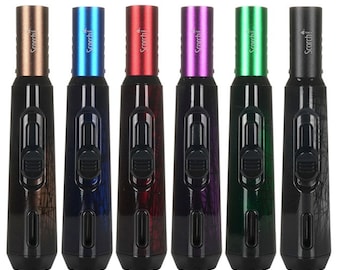 May include: A collection of six lighters with a sleek design. Each lighter features a different metallic color on the top, including bronze, blue, red, purple, green, and gray. The brand name "Scorchi" is printed on the top of each lighter.