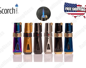May include: Set of six Scorch Torch lighters in various colors, including gold, silver, black, blue, and rainbow. Each lighter has a flame adjustment knob and a clear window to view the fuel level.
