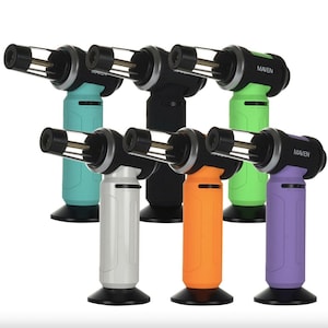 May include: Six torch lighters in different colors: turquoise, white, black, orange, green, and purple. Each lighter has a clear glass tube and a black handle with the word "MAVEN" printed on it.
